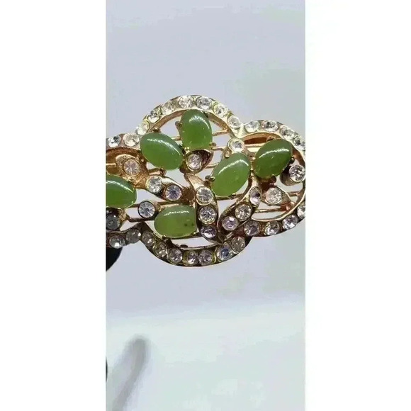 Vintage Brooch Jade 10k Gold Filled Rhinestone Accents art deco Flower Leaves - Picture 8 of 13
